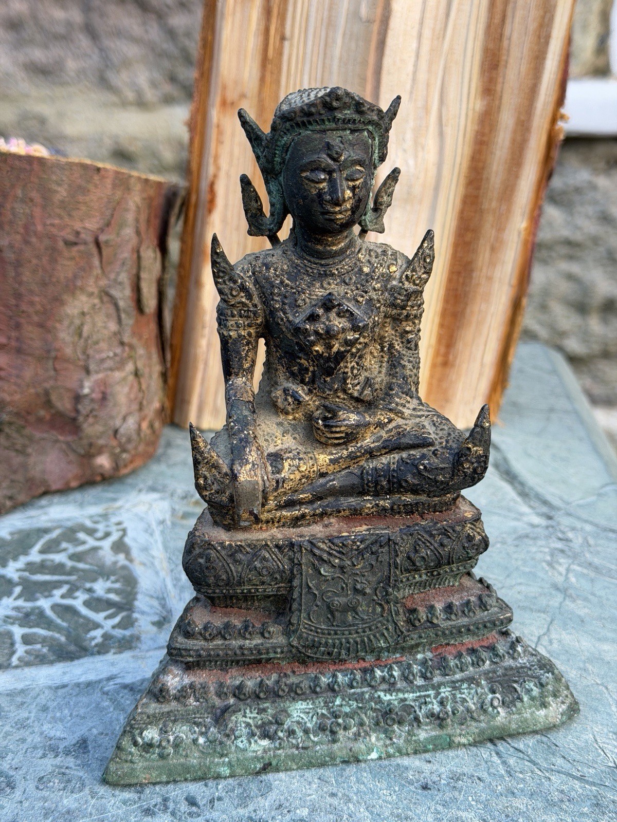 Vintage Thai Bronze Crowned Buddha Statue Ayutthaya Style Gilded Verdigris 16cm