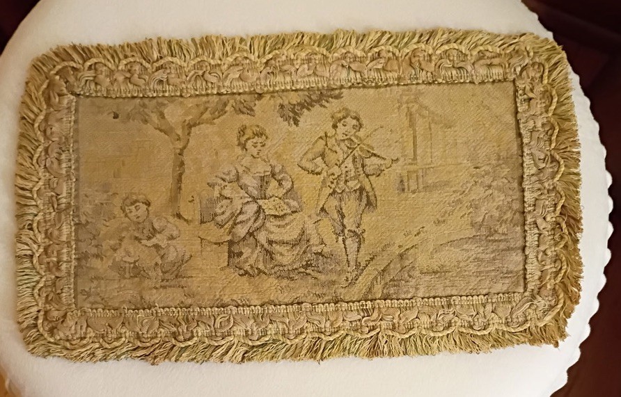 Antiq 19th Century French Tapestry Romantic Pastoral Scene Wall Decor 11”X6.75”