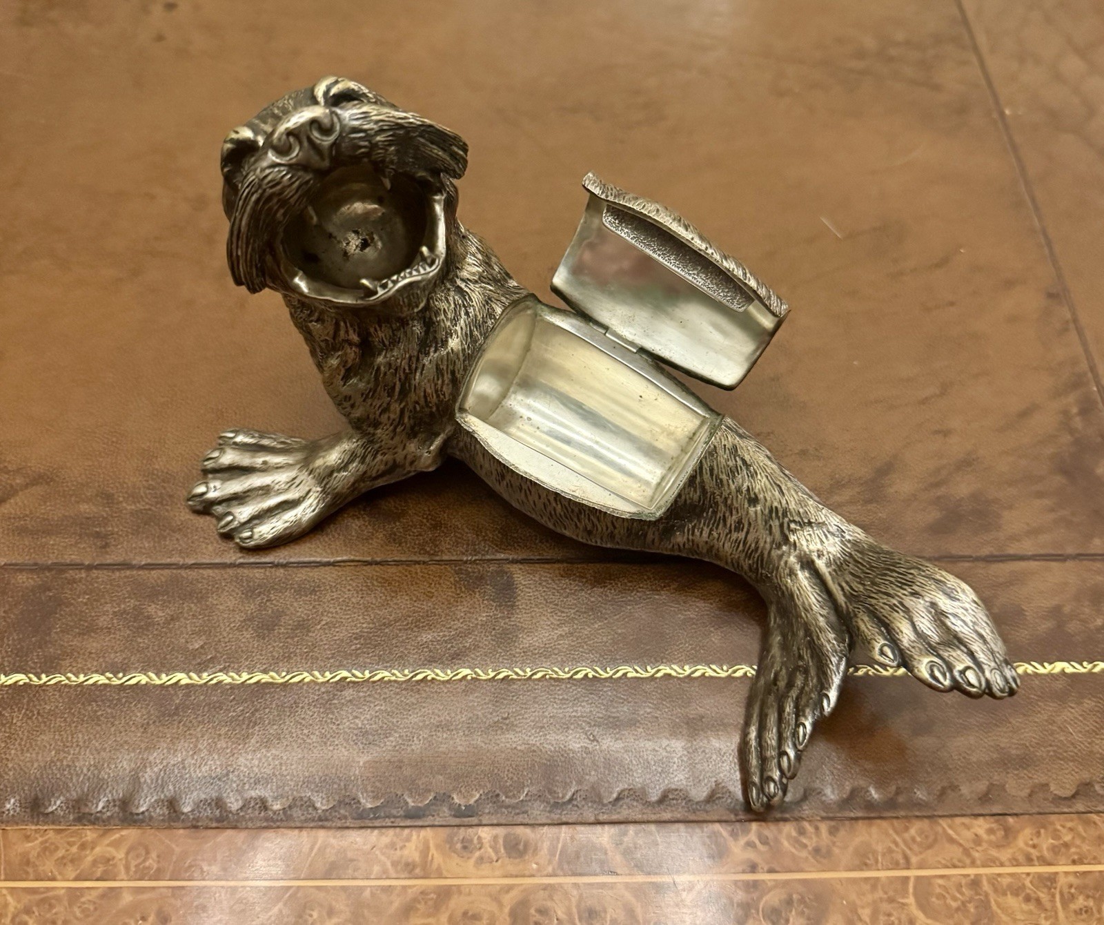 Fine AUGUSTE KLEIN Novelty Silvered Bronze SEA LION Desk Compendium, Paris c1860
