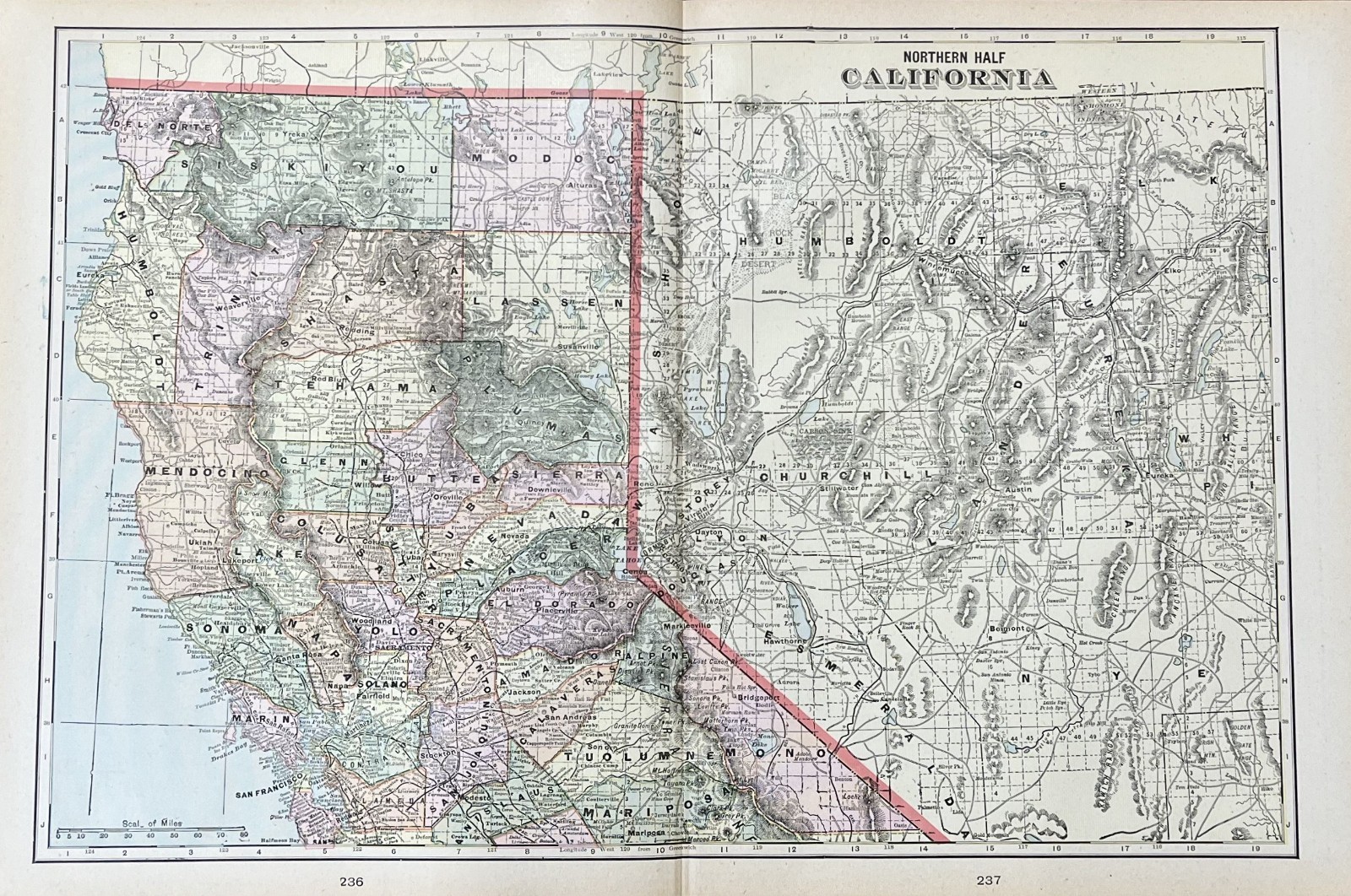1901 Antique Northern California Map George Cram Atlas Map of California 2822