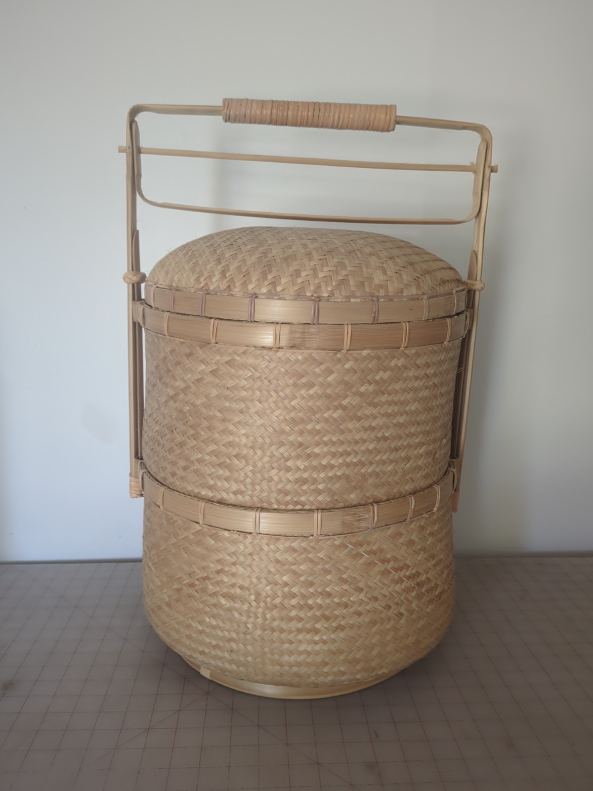 VINTAGE Antique Chinese Wedding Basket 2 Tier RARE Woven Wicker/Bamboo Cane