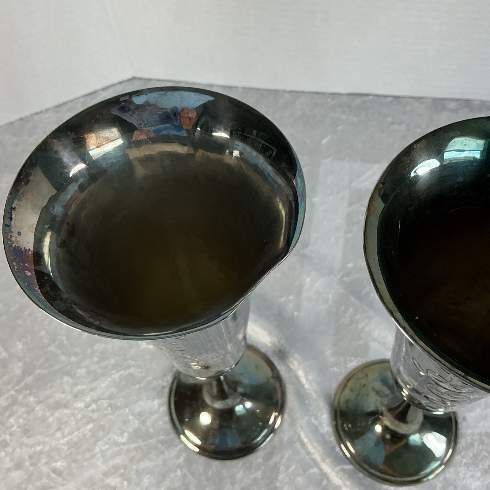 Antique Pair 2 Silver Plate Chalice Champagne Beautiful Patina Unpolished 9.5