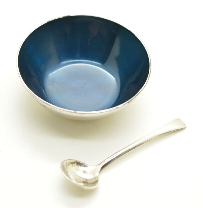 Vtg DGS Denmark Master Salt Dish & Salt Spoon Set Silver Plate And Blue Enamel