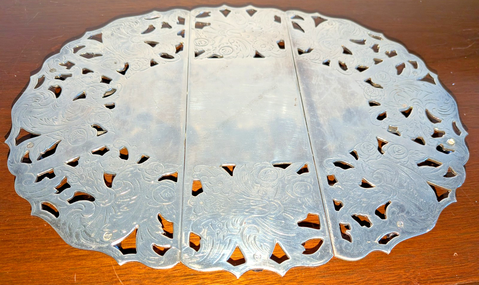 Vtg Raimond Oval Pierced Silver Plate Metal Trivet Expandable Adjustable Spain