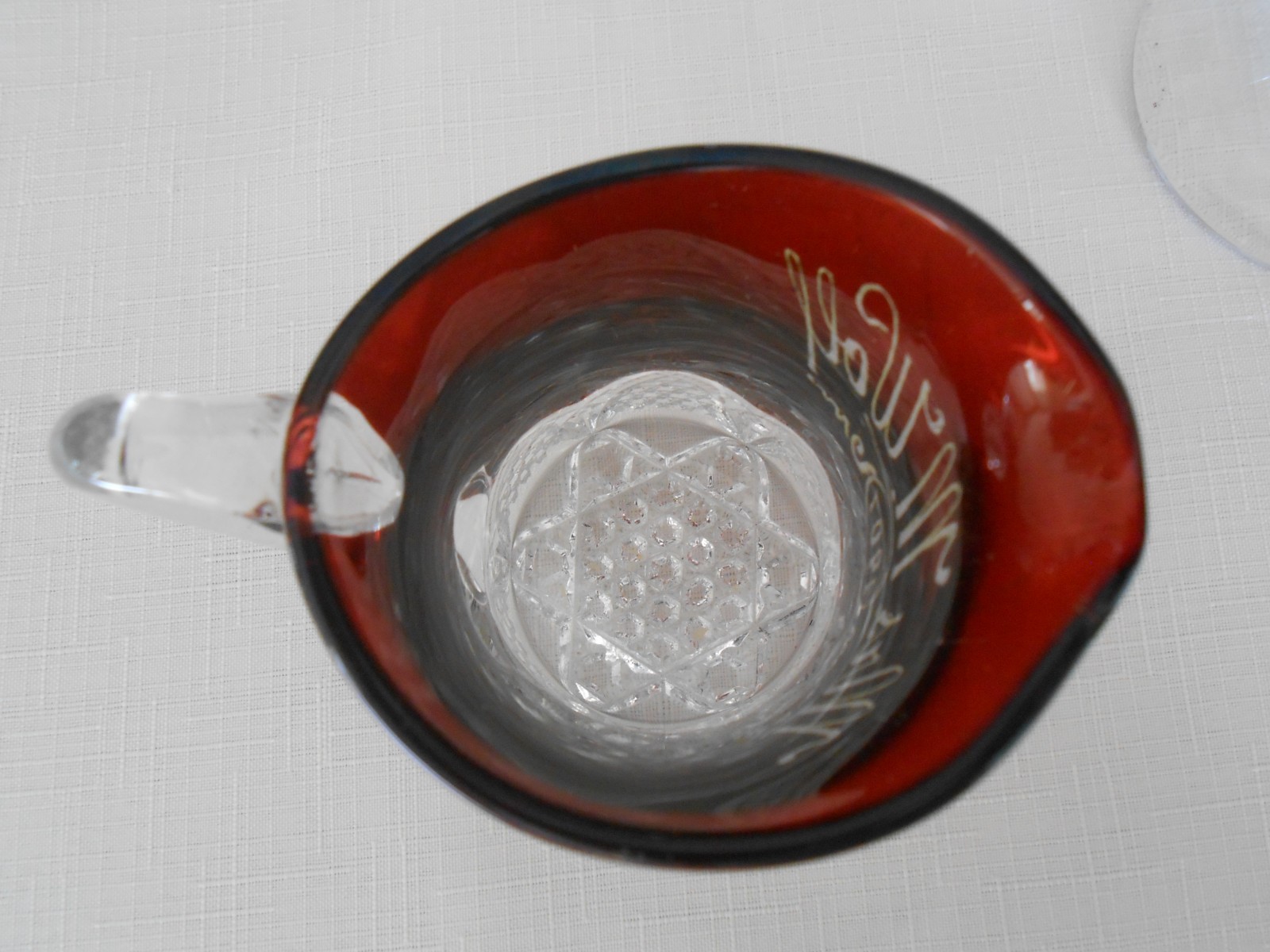 3 Antique Ruby Red Flash Souvenir GOBLET, PITCHER 1907, MUG.