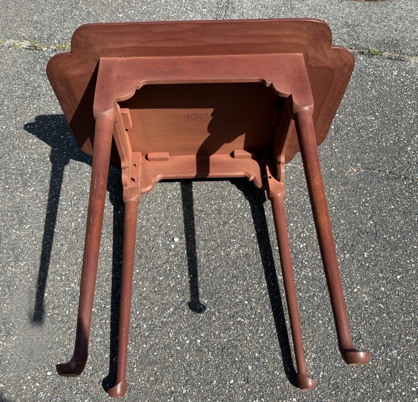 Vintage D. R. Dimes Queen Anne style tea table crackle brown finish block planed
