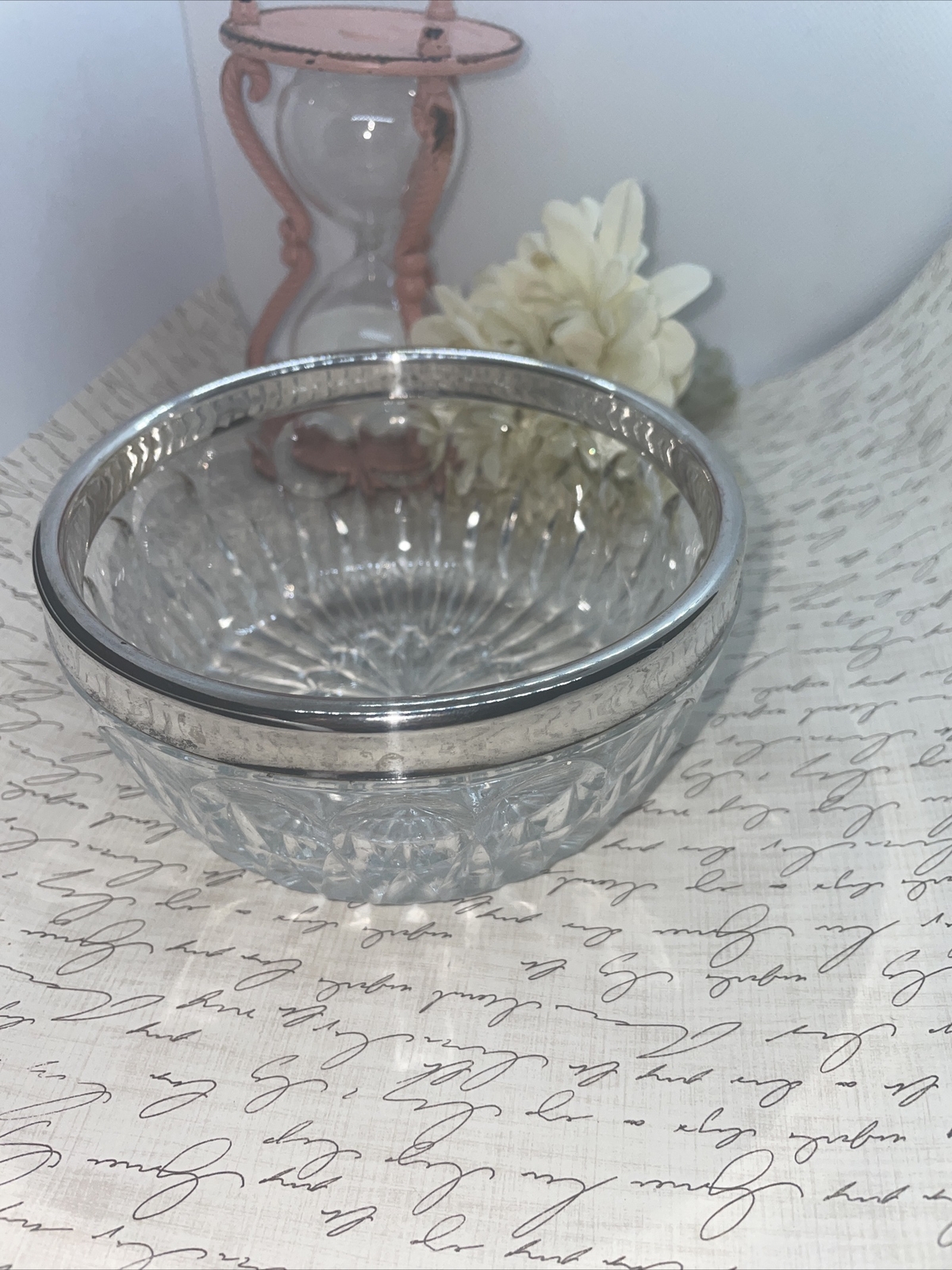 MID CENTURY Leonard Italy Cut Crystal Glass Silverplate Rim Cereal Nut Bowl 5″