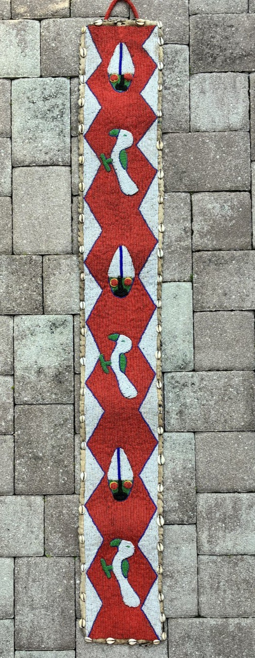 African Yoruba Tribe Belt Sash w Glass Beads & Cowrie Shells on Textile Mat GPOC