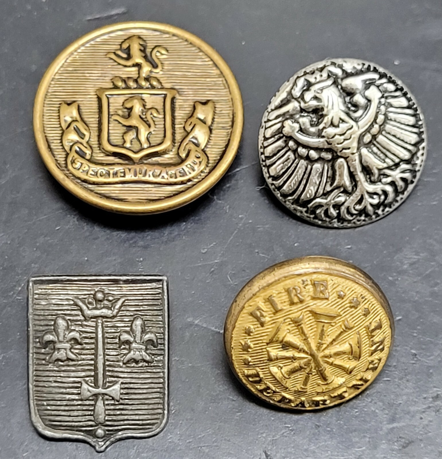 4 Ornate Military Fireman ANTIQUE Fashion METAL BUTTON Art Nouveau Jewelry