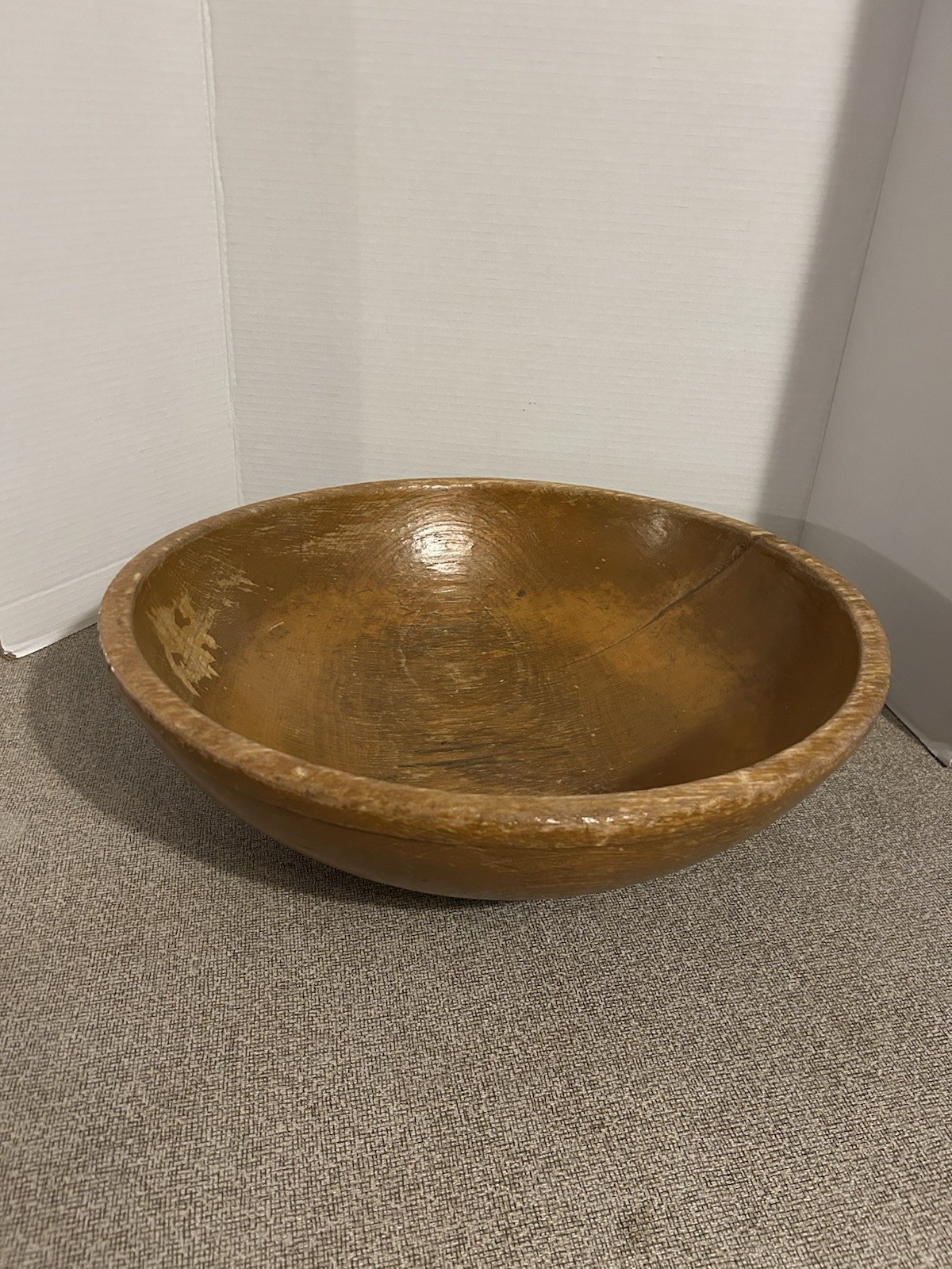 Antique Large Wooden Bowl 17″ Patina Early Bowl Looks Hand Turned With Repairs
