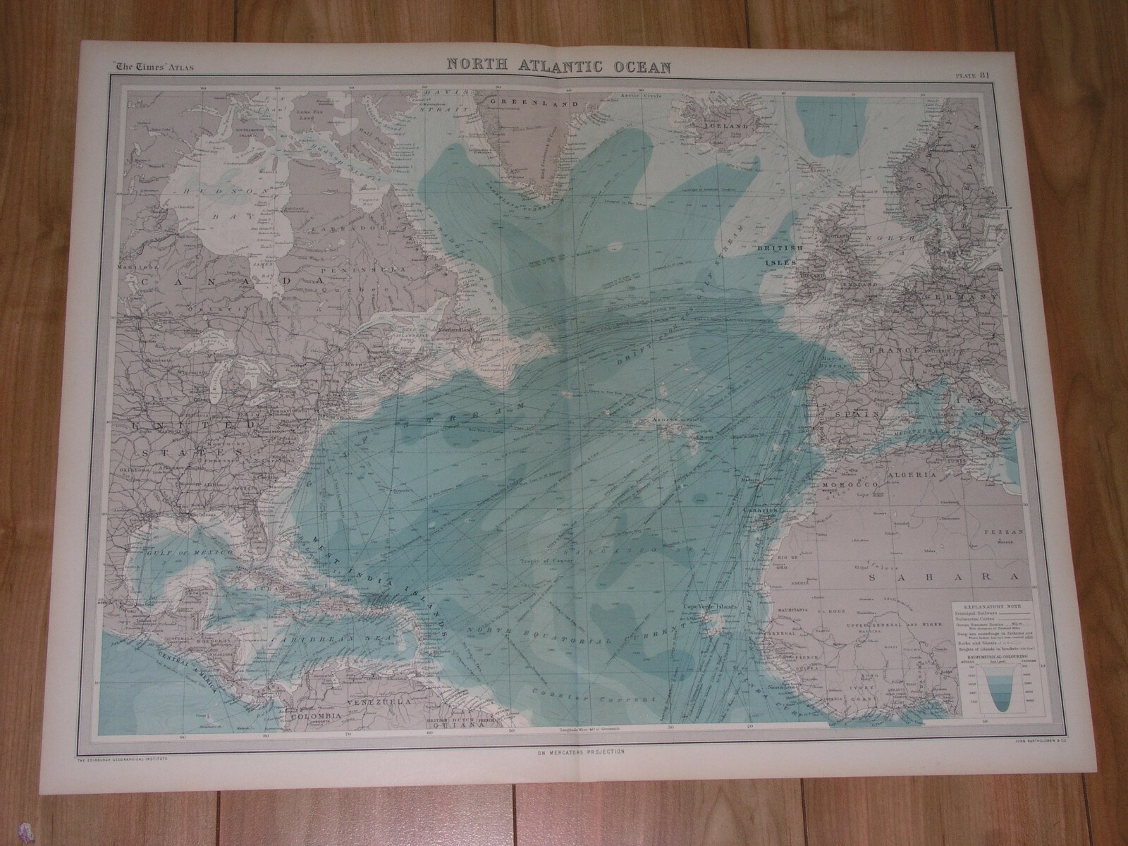 1922 VINTAGE MAP OF NORTH ATLANTIC TRANSPORTATION SHIP ROUTES AMERICA EUROPE