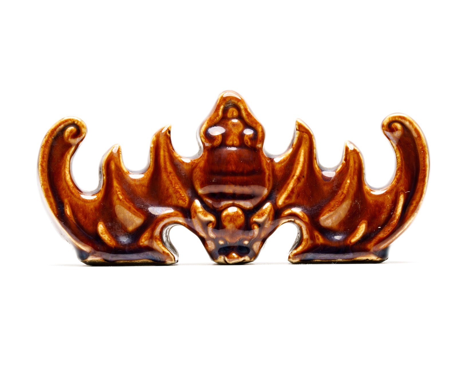Chinese Porcelain Bat Form Brush Rest Brown Monochrome Glazed Ruyi Head 20C