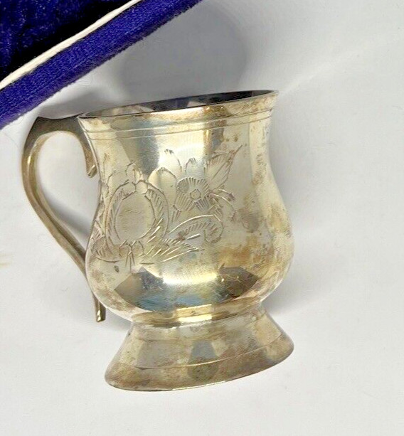 Antique Miniature Silver Cup in velvet blue box etched with flowers. Pre-loved