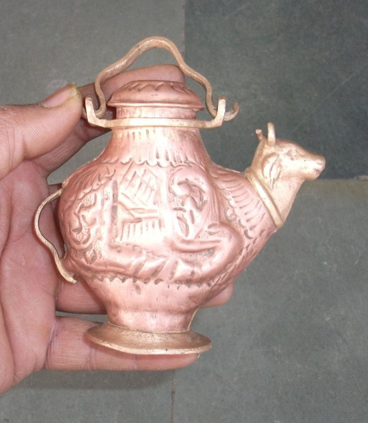 Old Cow/Nandi Shape Copper Inlay Engraved Handcrafted Holy Water Pot