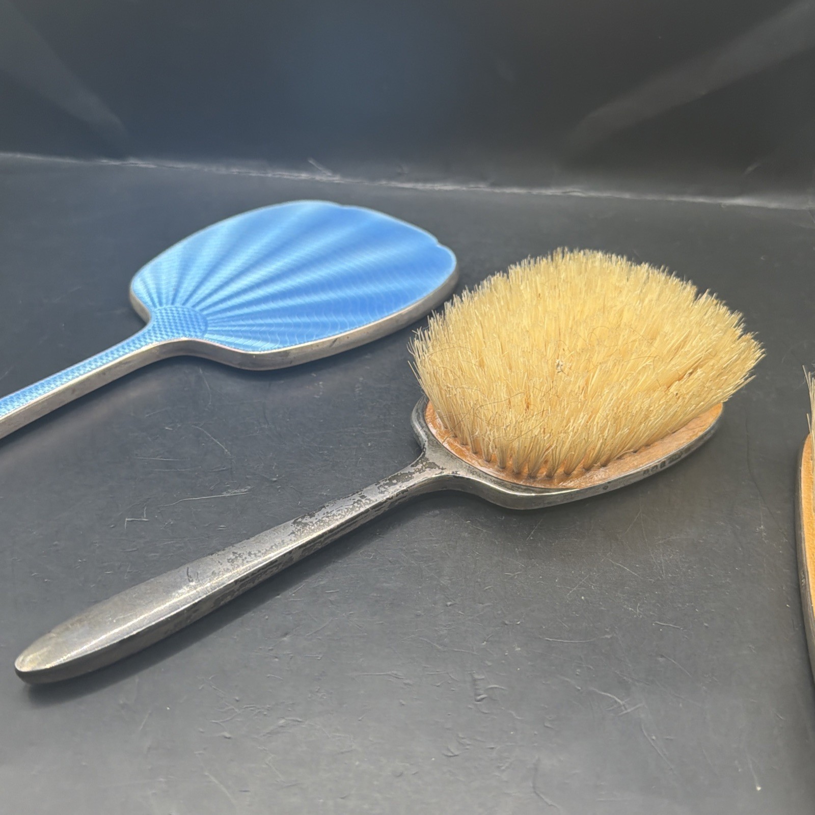 c.1900’s Sterling Silver Blue Guilloche Enamel Vanity Set Mirror Hair Brush 3pc
