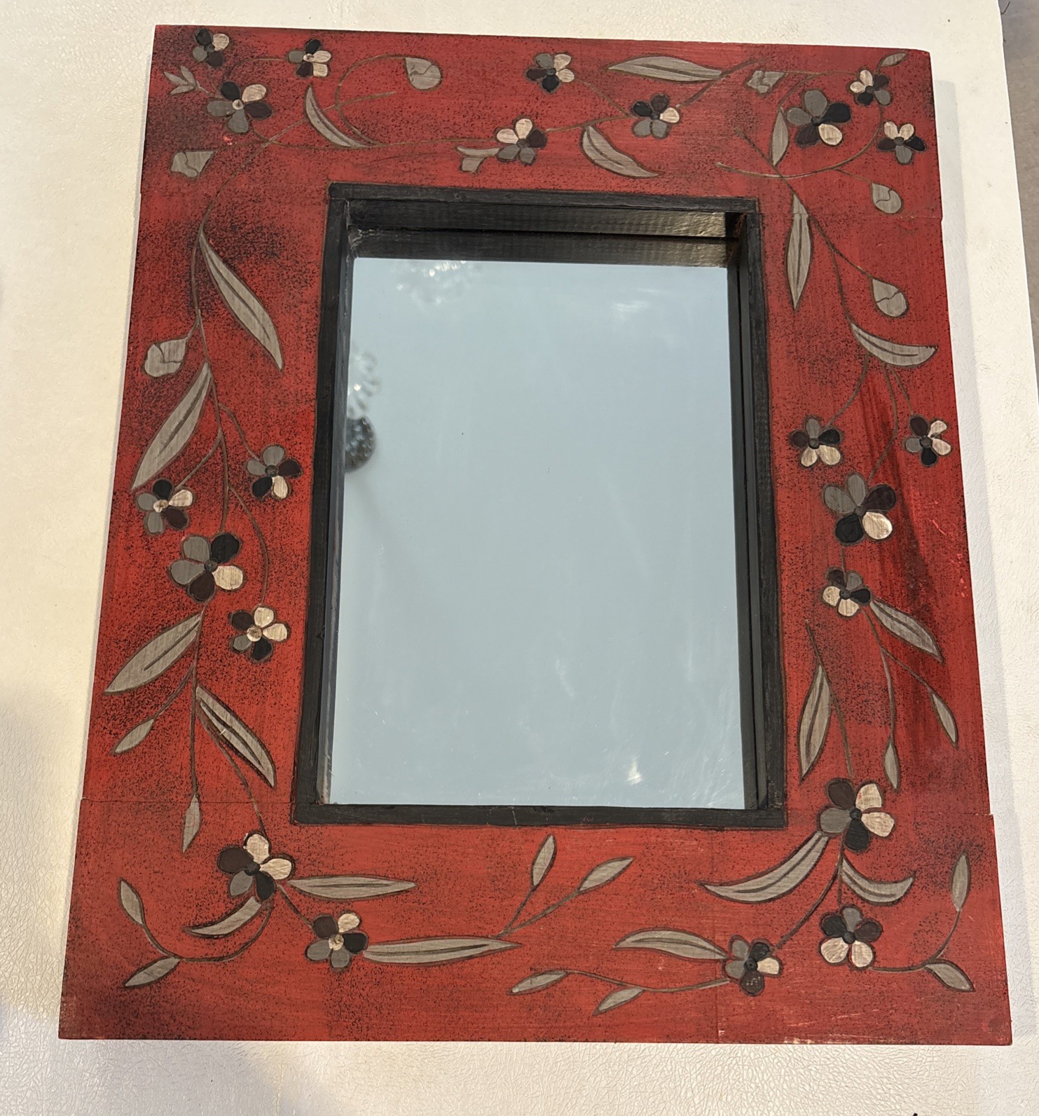 Carved Wood Floral Vine Red Mirror 24×16” Vintage Boho.