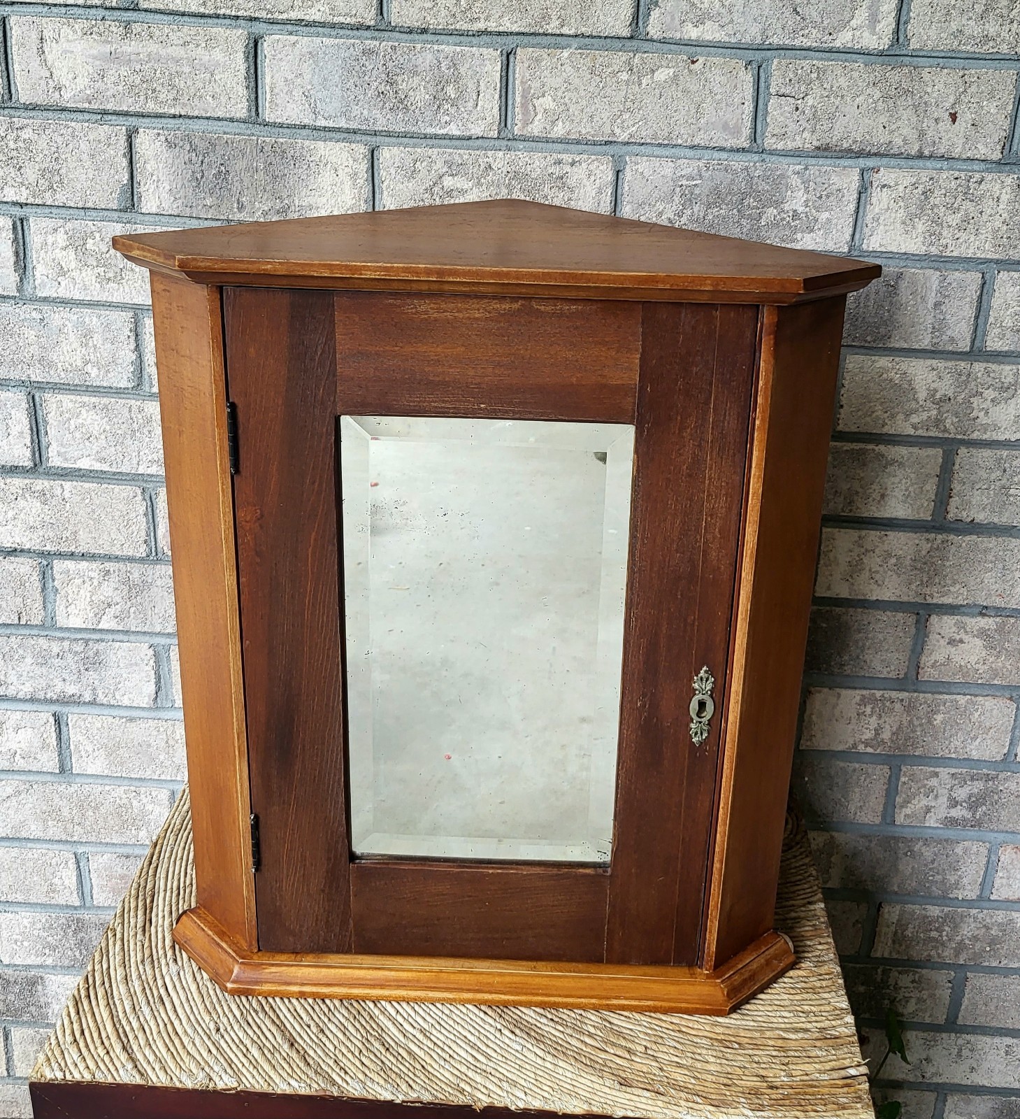 Vintage hanging corner cabinet Solid Wood Mahogany beveled mirror door Art Deco