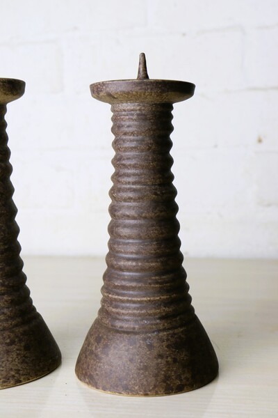 Pair Vintage Chinese Temple Candlesticks Heavy Ceramic Stoneware 20th Century