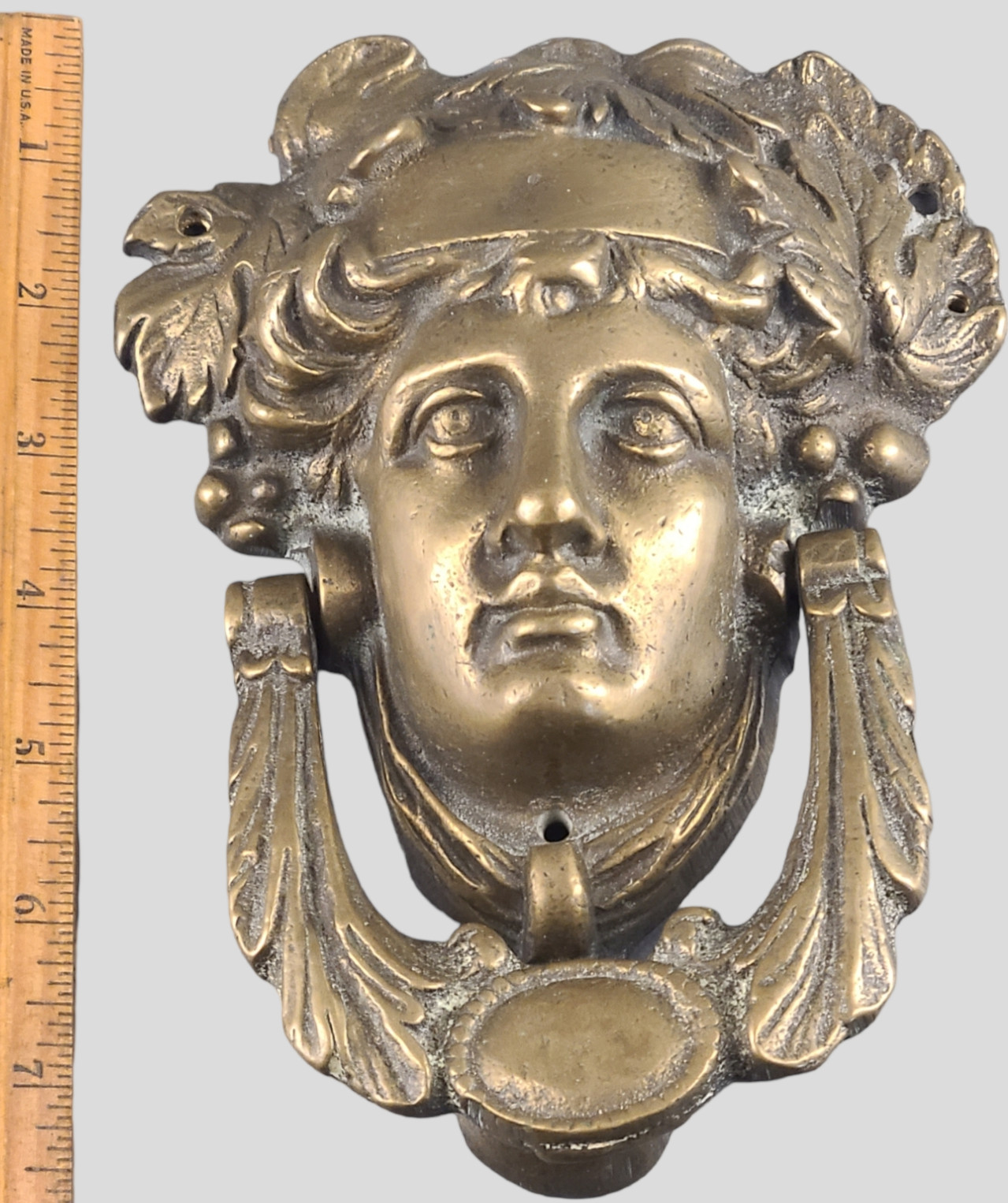 Antique Made in England Figural Neo-Classical Doorknocker Heavy Brass 8” High