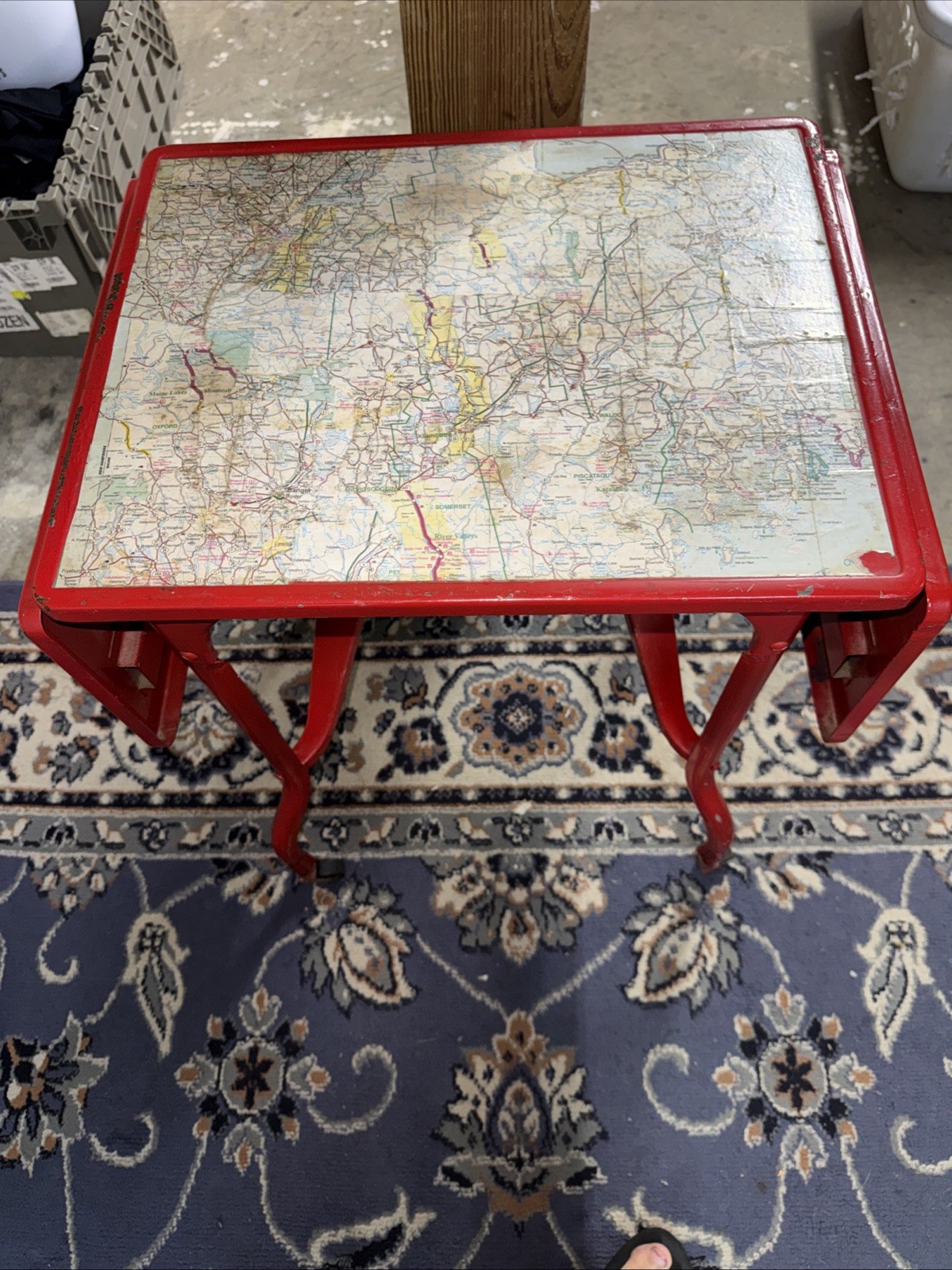 Vtg Typewriter Stand Table Desk Red Metal W/Wheels Drop Leaves Decorative Top