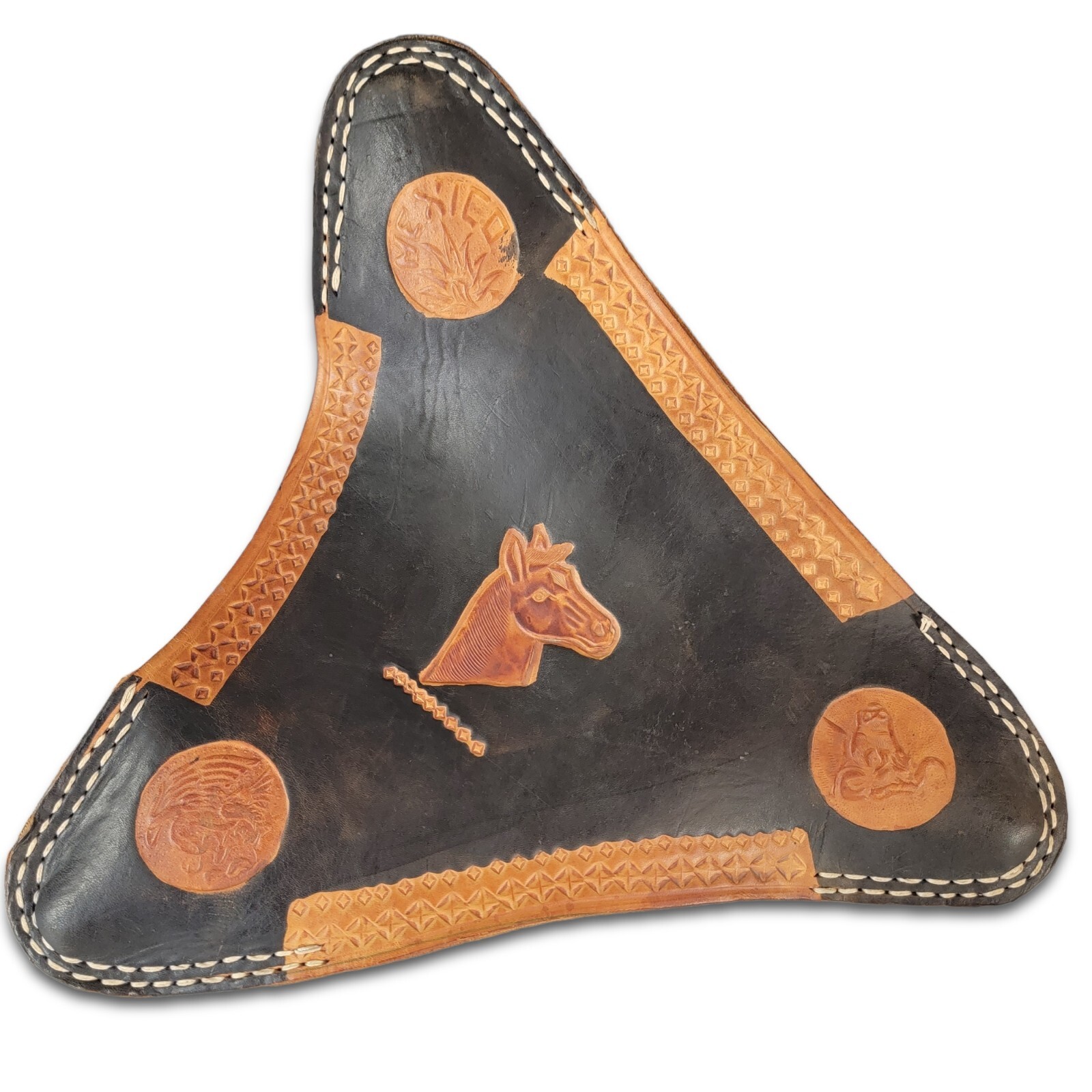 Brown Leather Tripod Seat Cover Embossed Saddle Stool Horse Cover Mexico