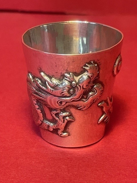 Vintage late 19th early 20th century Chinese dragon design silver shot cup