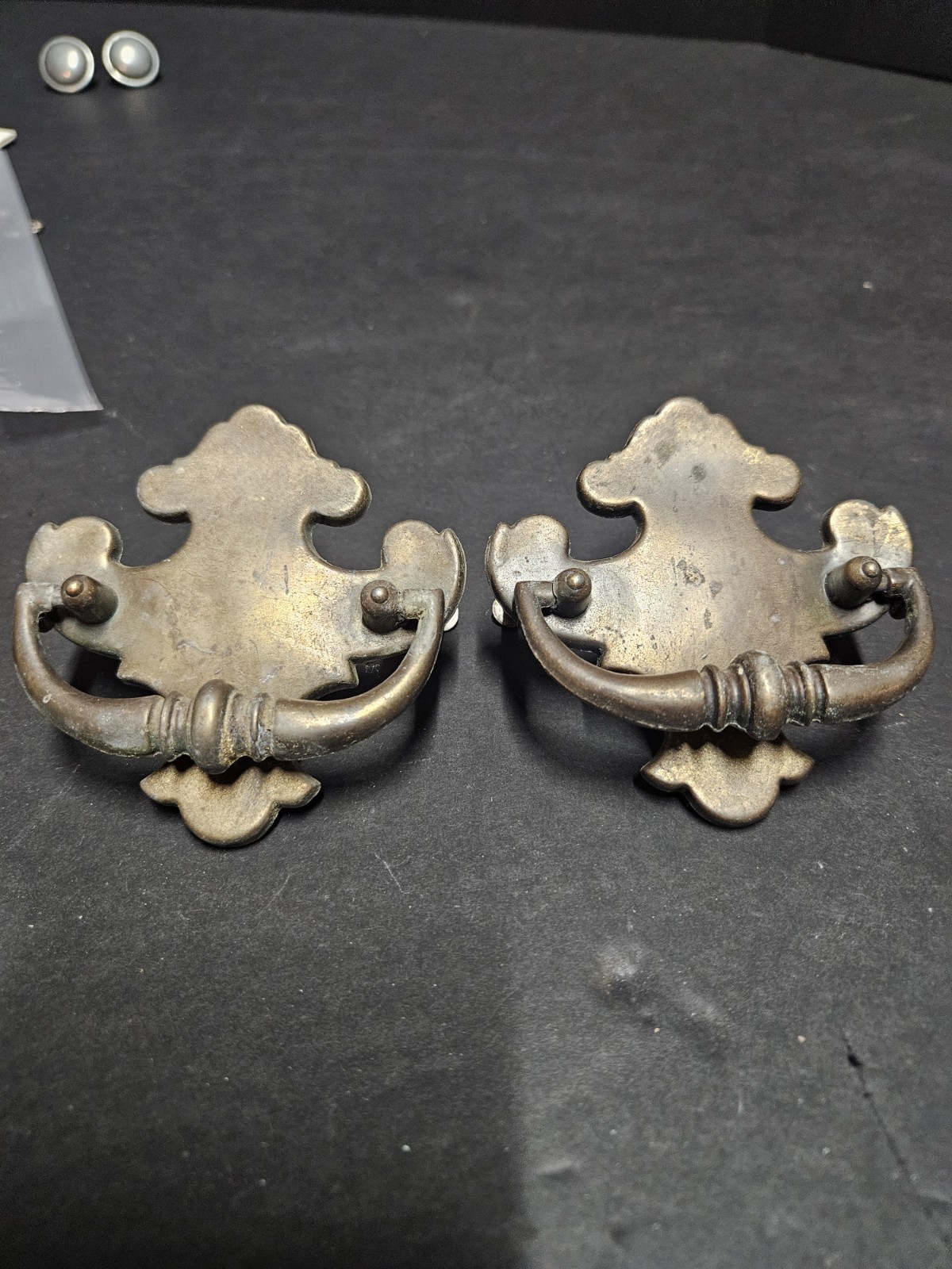 2 Vtg Salvage Chippendale Drop Style Wing Drawer Pulls Brass Steel Patina