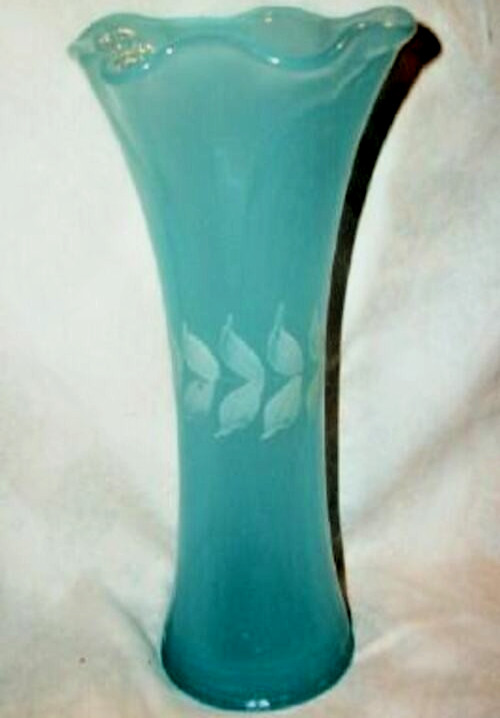 French Blue Opaline Glass Handblown Vase Controlled Bubble Flower Stem in Cased