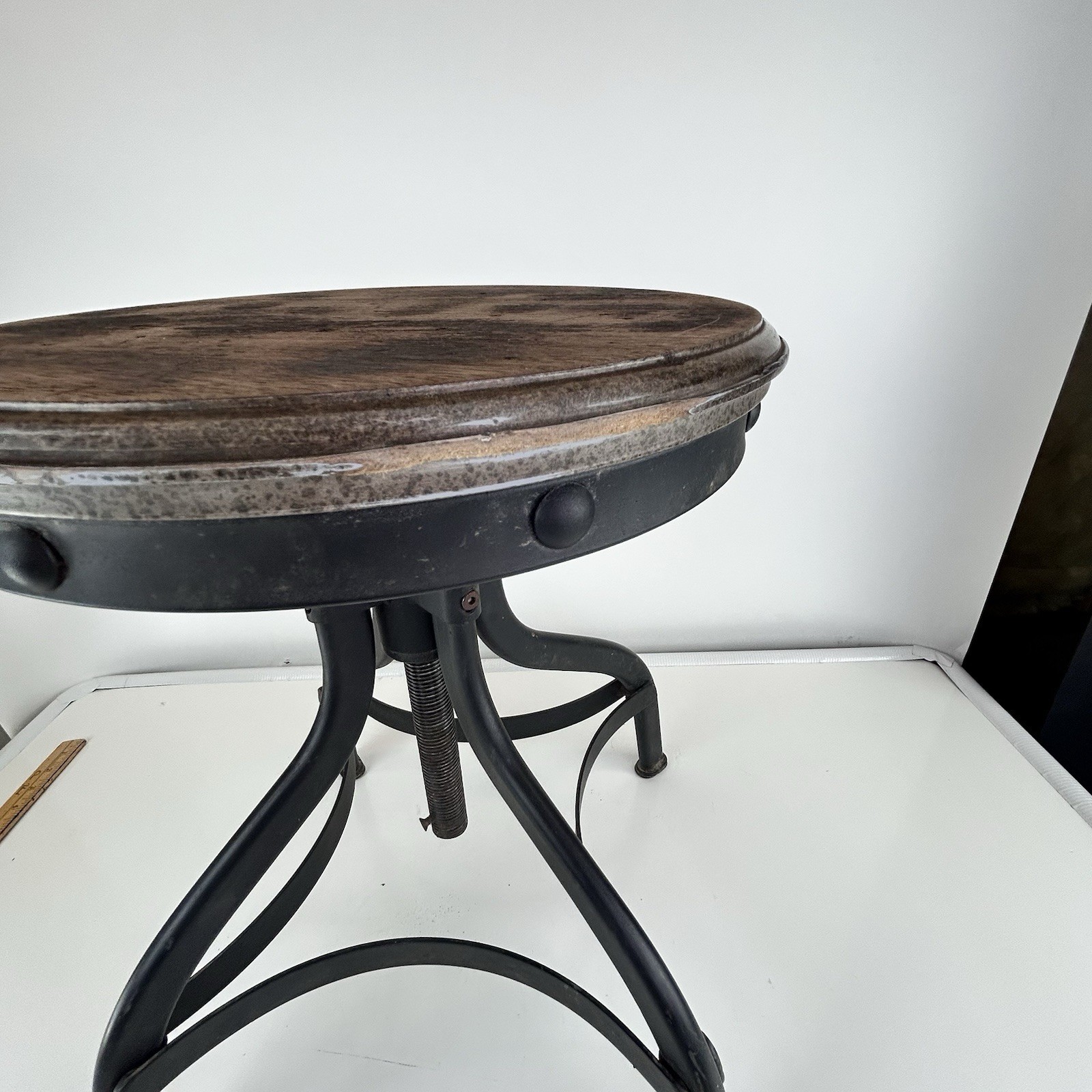 Industrial Drafting Stool Steel Adjustable With Wood Seat And Metal Base