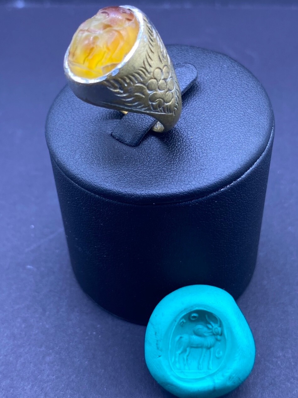 Rare Ancient Old Natural Carnelian Agate Brass Ring With Deer Intaglio