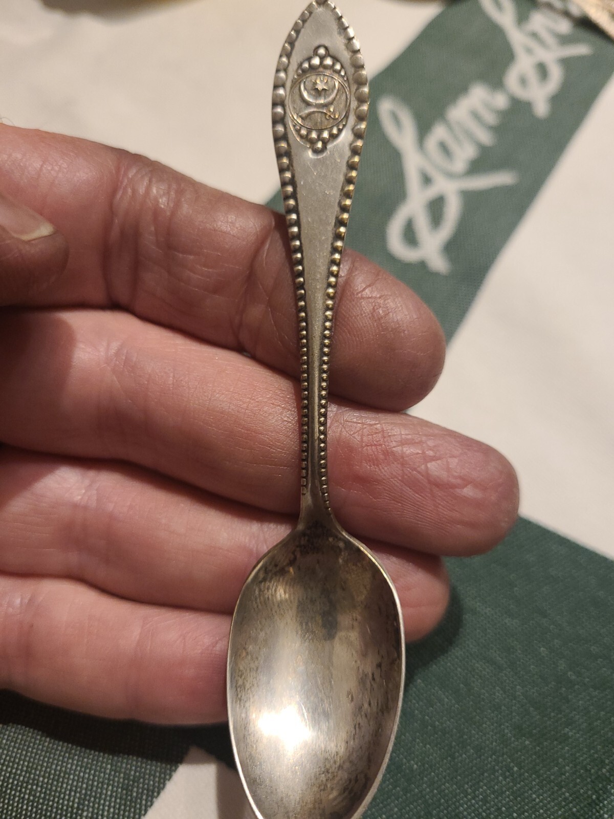 Ornate Fraternal Star Cresent Moon Sword Exta Coin Silver Plate 5 Gr 4.25″ Spoon