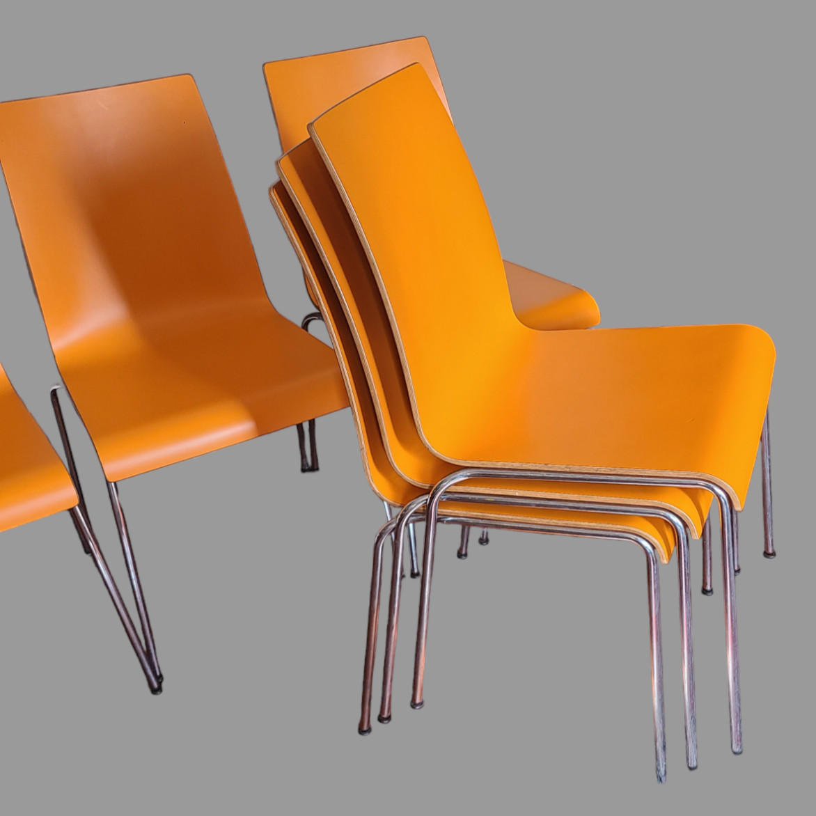 Vintage 6 Dining room Stackable Mid-Century Modern Orange Plywood Formica Chairs