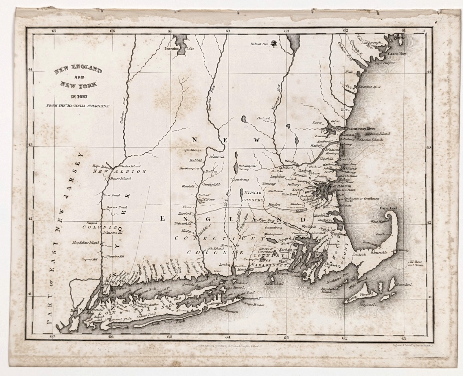 1830 LONG ISLAND ~ MASSACHUSETTS ~ RHODE ISLAND ~ CONNECTICUT Map ORIGINAL