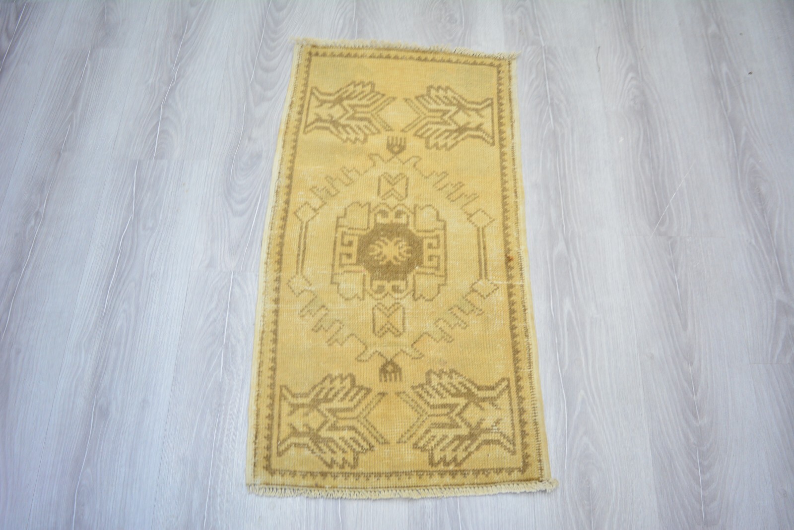 Brown Handmade Door Mat, 1.5×2.8ft, Antique Beige Turkish Geometric Door Mat Rug