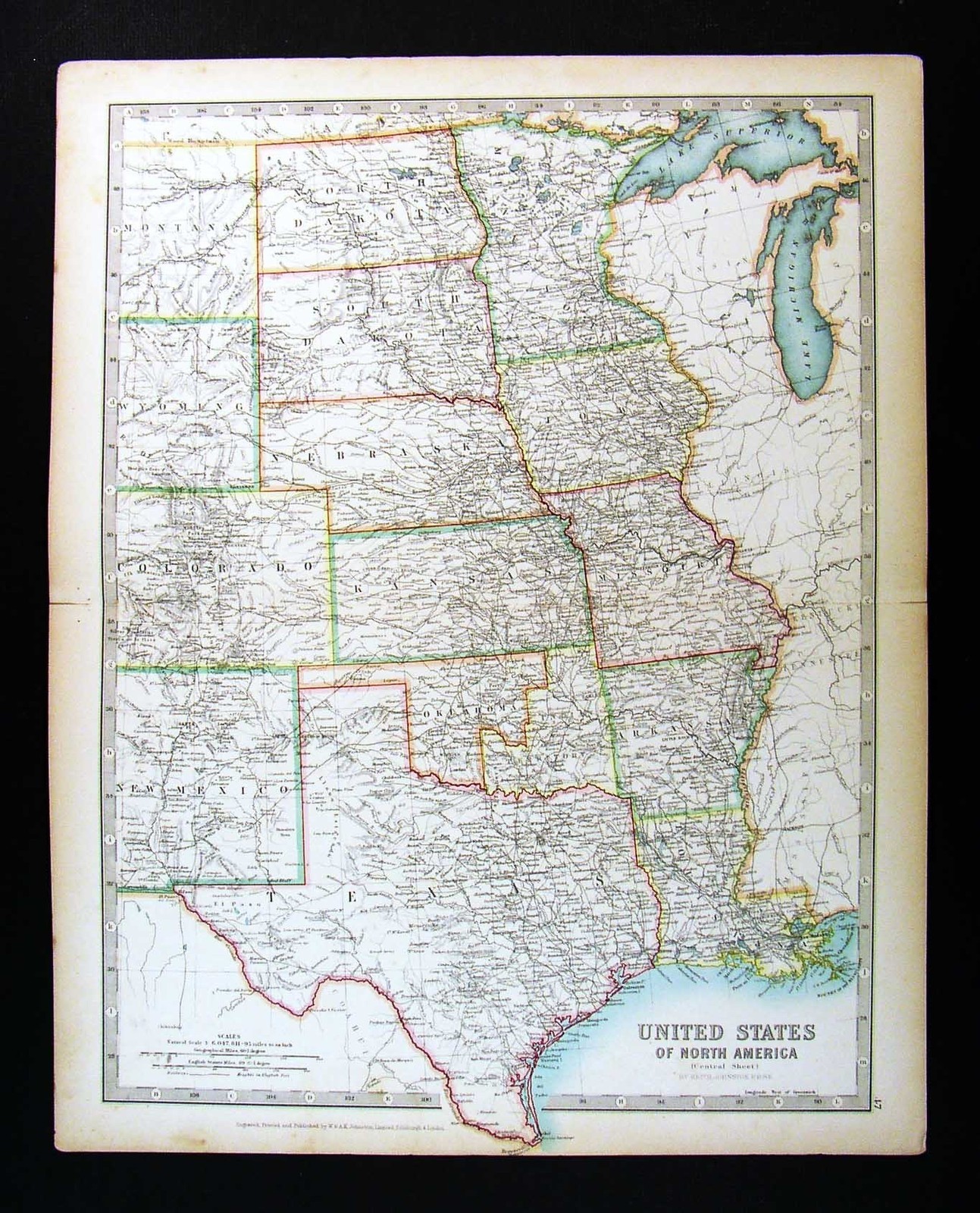 1906 Johnston Map United States Midwest Missouri Colorado Dakota Nebraska Texas