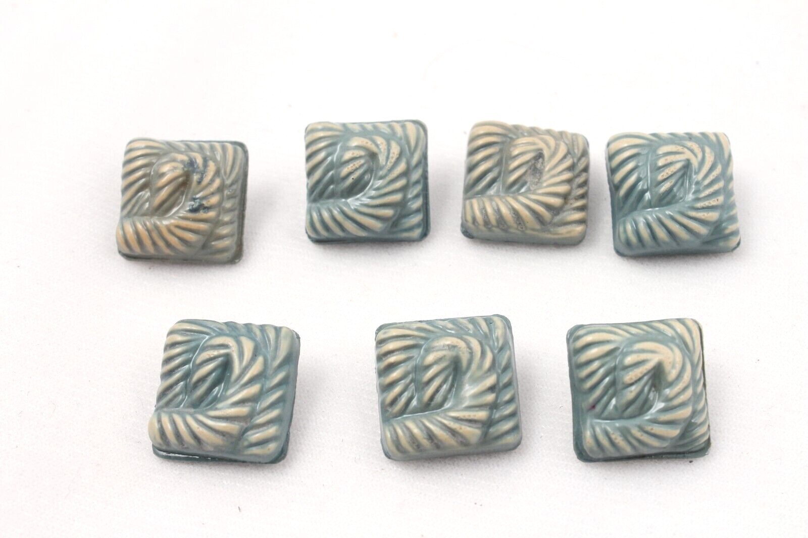 Vintage Set of 7 Bakelite Shank Buttons Square Coiled Rope Design Seafoam Green