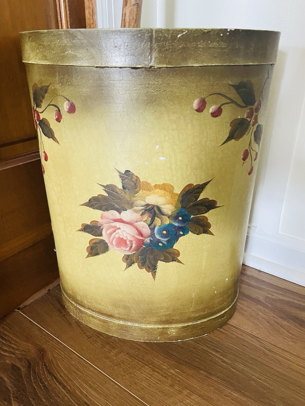 Antique Tole Wood Hand Painted Waste Basket/ Umbrella Stand Floral Design