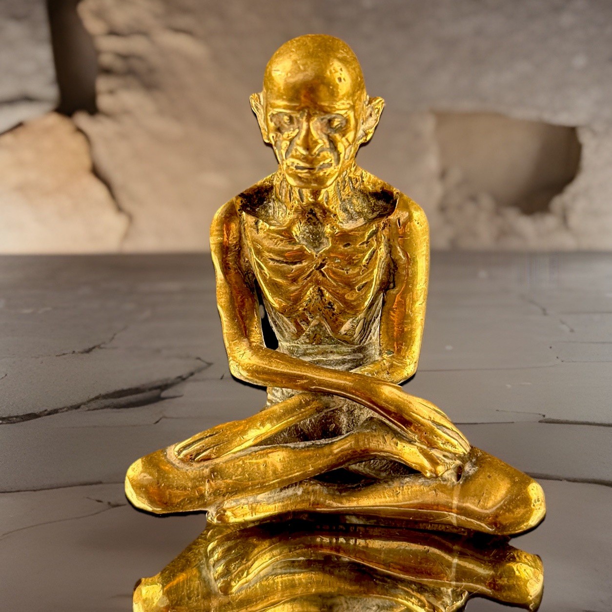 Antique Indian Brass Starving Buddha Statue – 3” Fasting Siddhartha Figurine