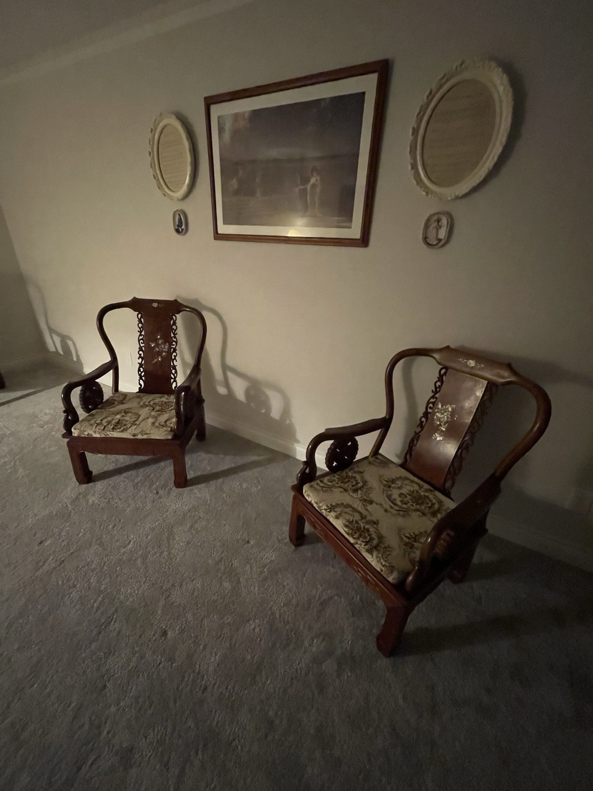 Stunning Chinese Hardwood Chairs with Mother of Pearl Inlay Set of 2 Antique