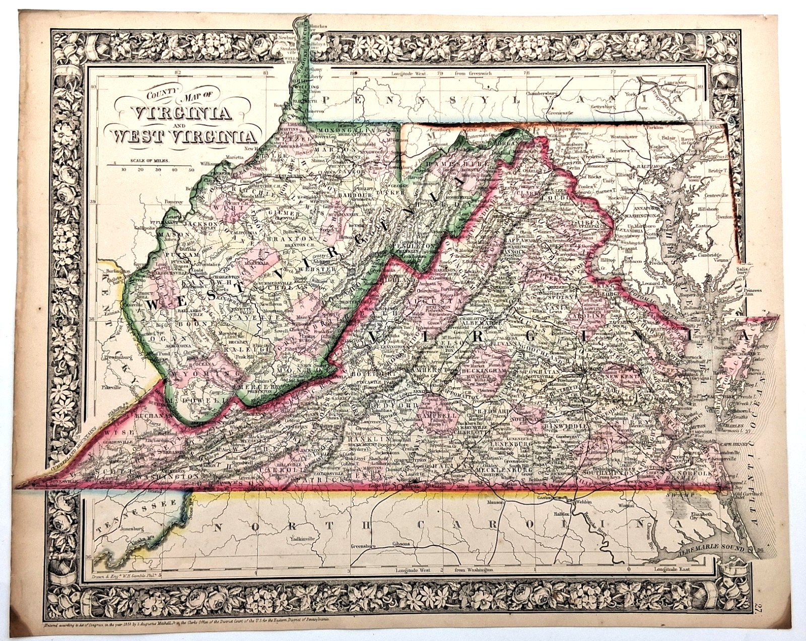 VIRGINIA & WEST VIRGINIA — antique 1863 map