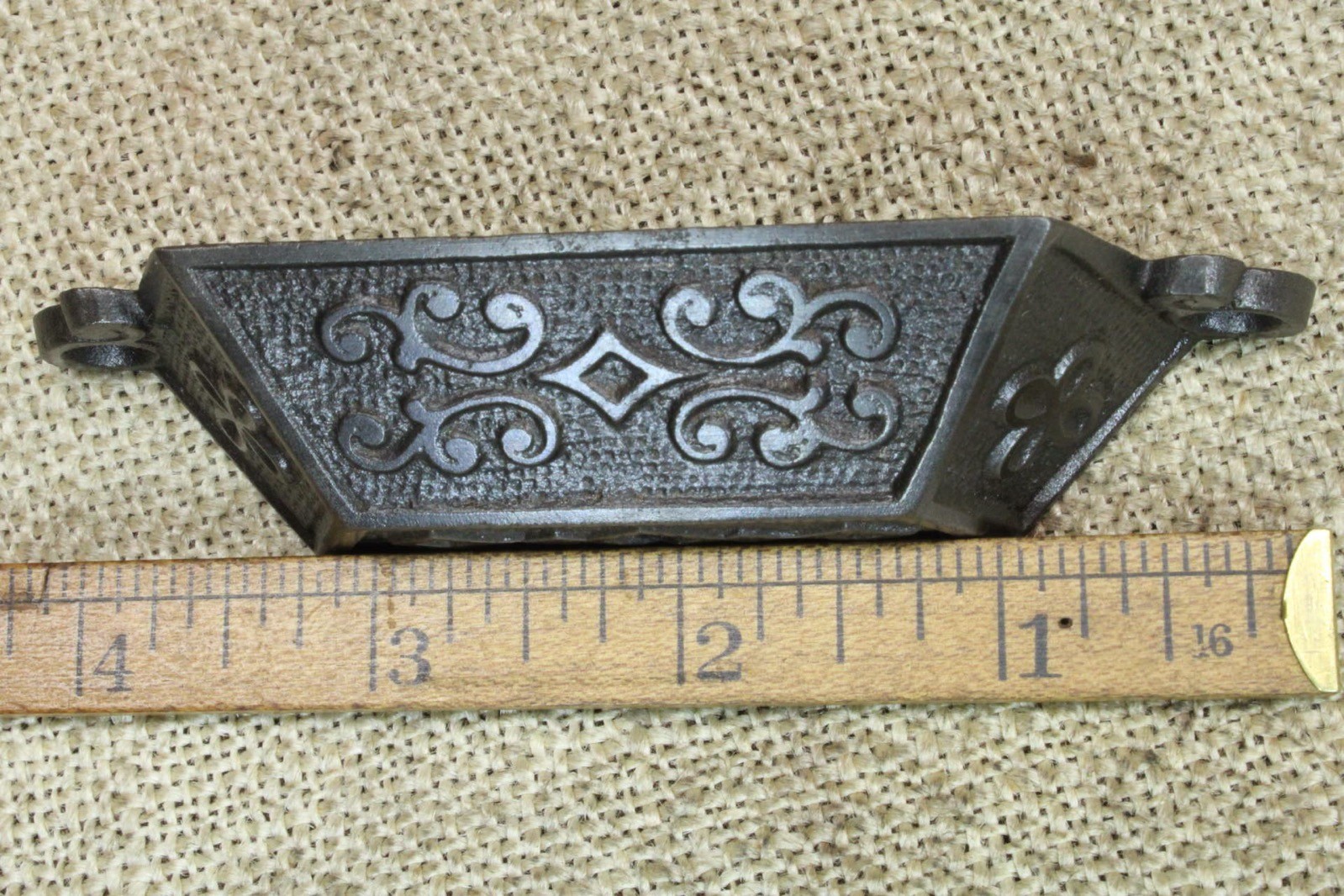 6 Old Bin Drawer Pulls Cup 4 1/2″ Handles Diamond Scroll Vines 1871 Patent Iron