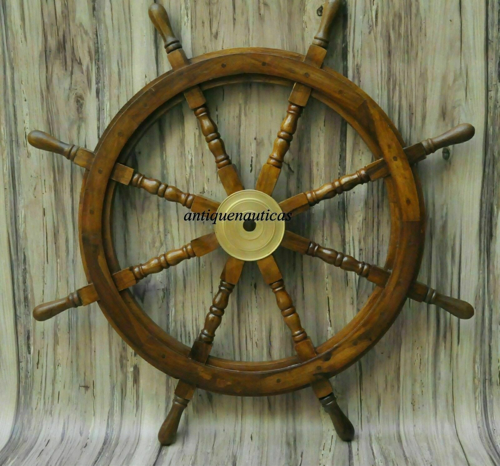 36″Big Ship Steering Wheel Handmade Wooden Antique Teak Brass Nautical Pirate