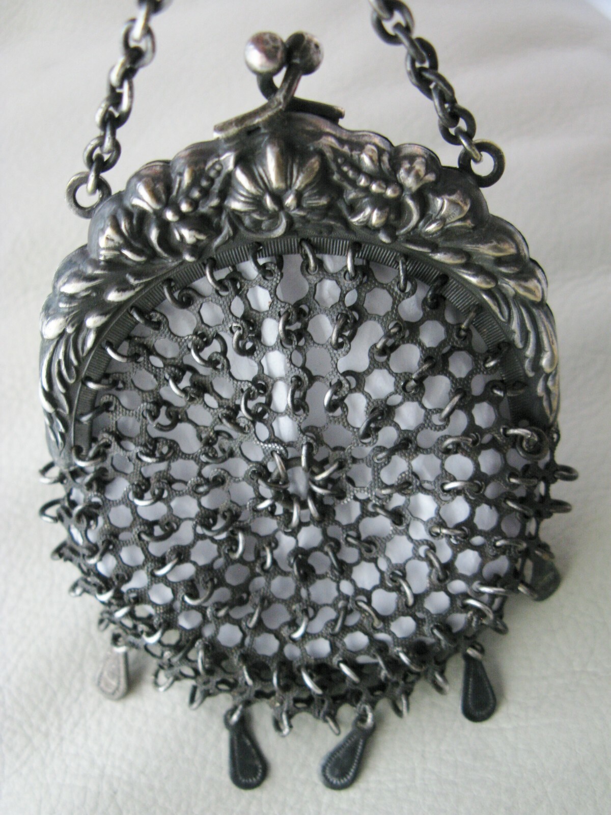 Antique Silver Floral Chatelaine Belt Clip Fancy Chain Mail Kilt Coin Purse