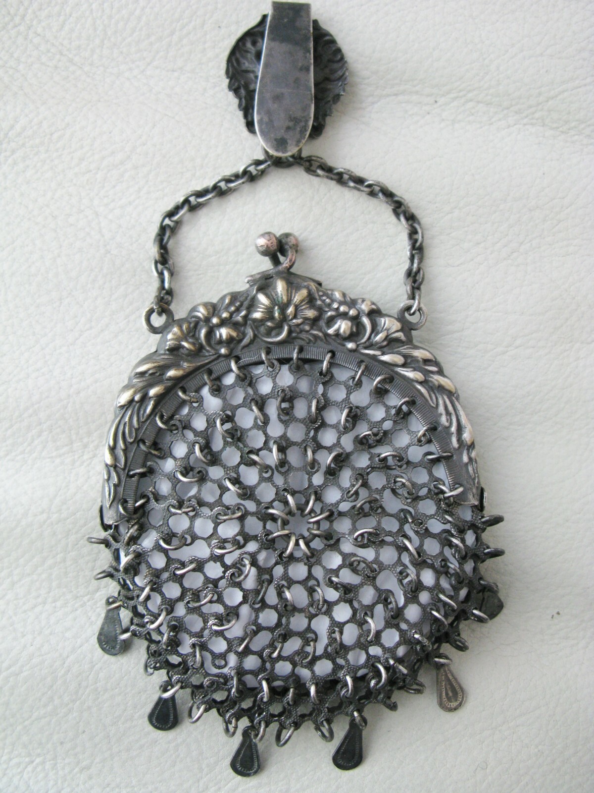 Antique Silver Floral Chatelaine Belt Clip Fancy Chain Mail Kilt Coin Purse