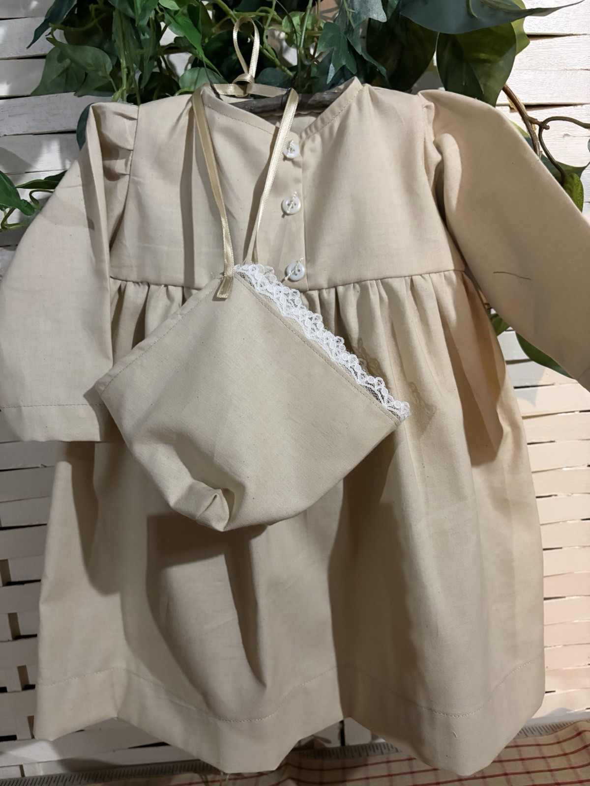 Primitive Prairie Child Bonnet and Dress Tea Stain Muslin