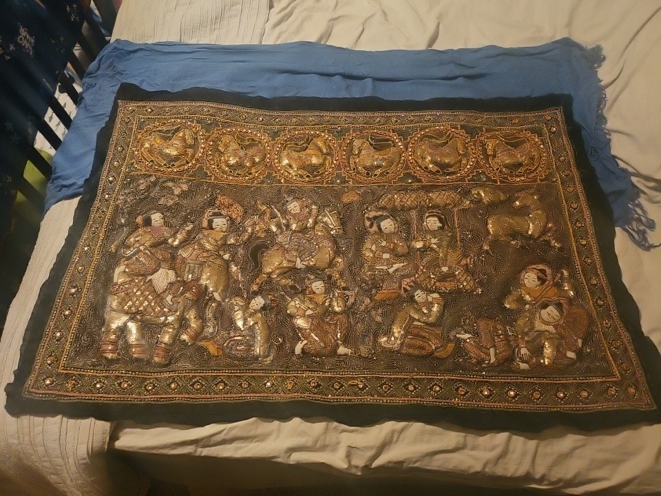 Vintage Burmese Kalaga Tapestry 44×35″ Elephants Embroidery Sequins Wall Hanging