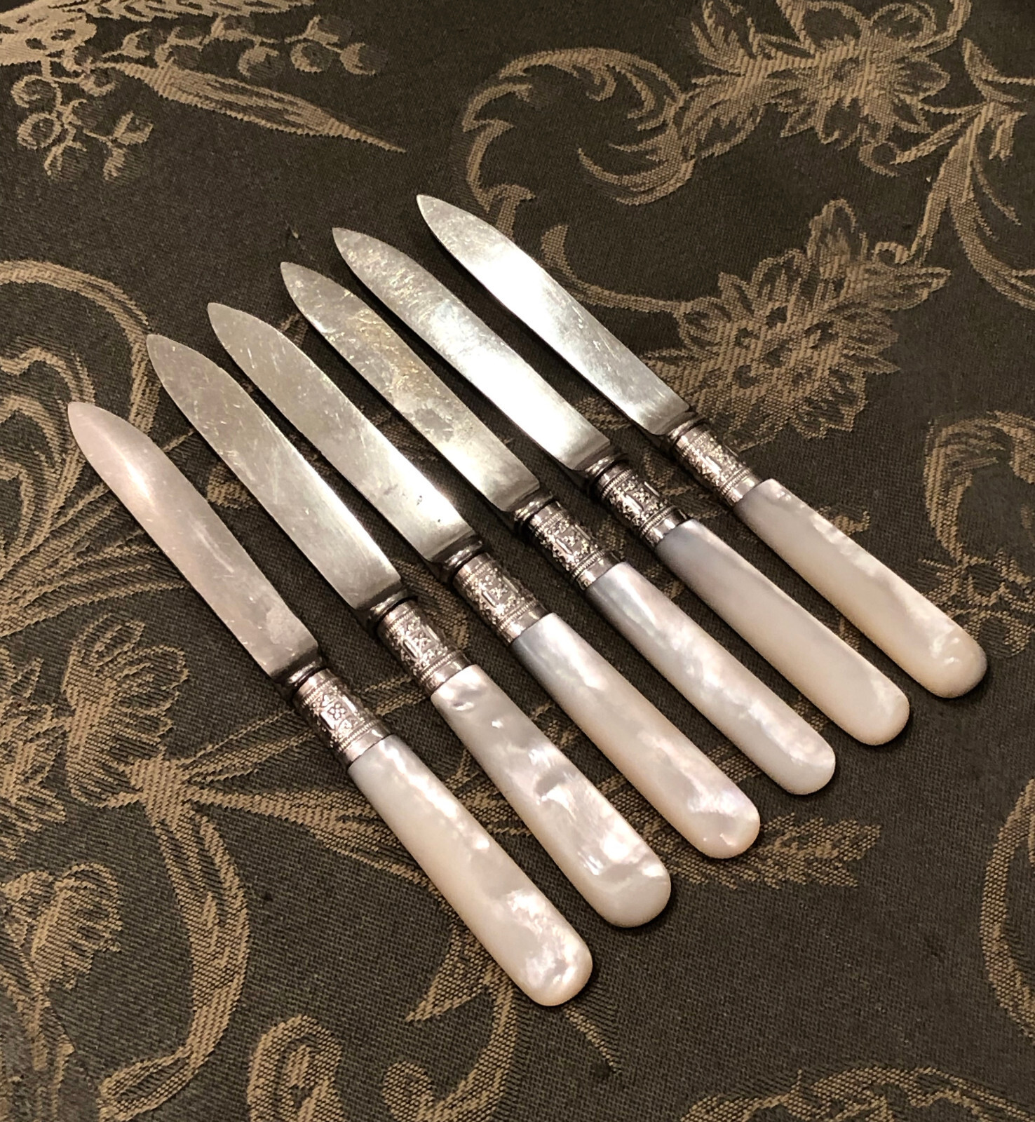 MOTHER OF PEARL HANDLE FRUIT KNIVES STERLING FERRULES SHEFFIELD ENGLAND SET OF 6