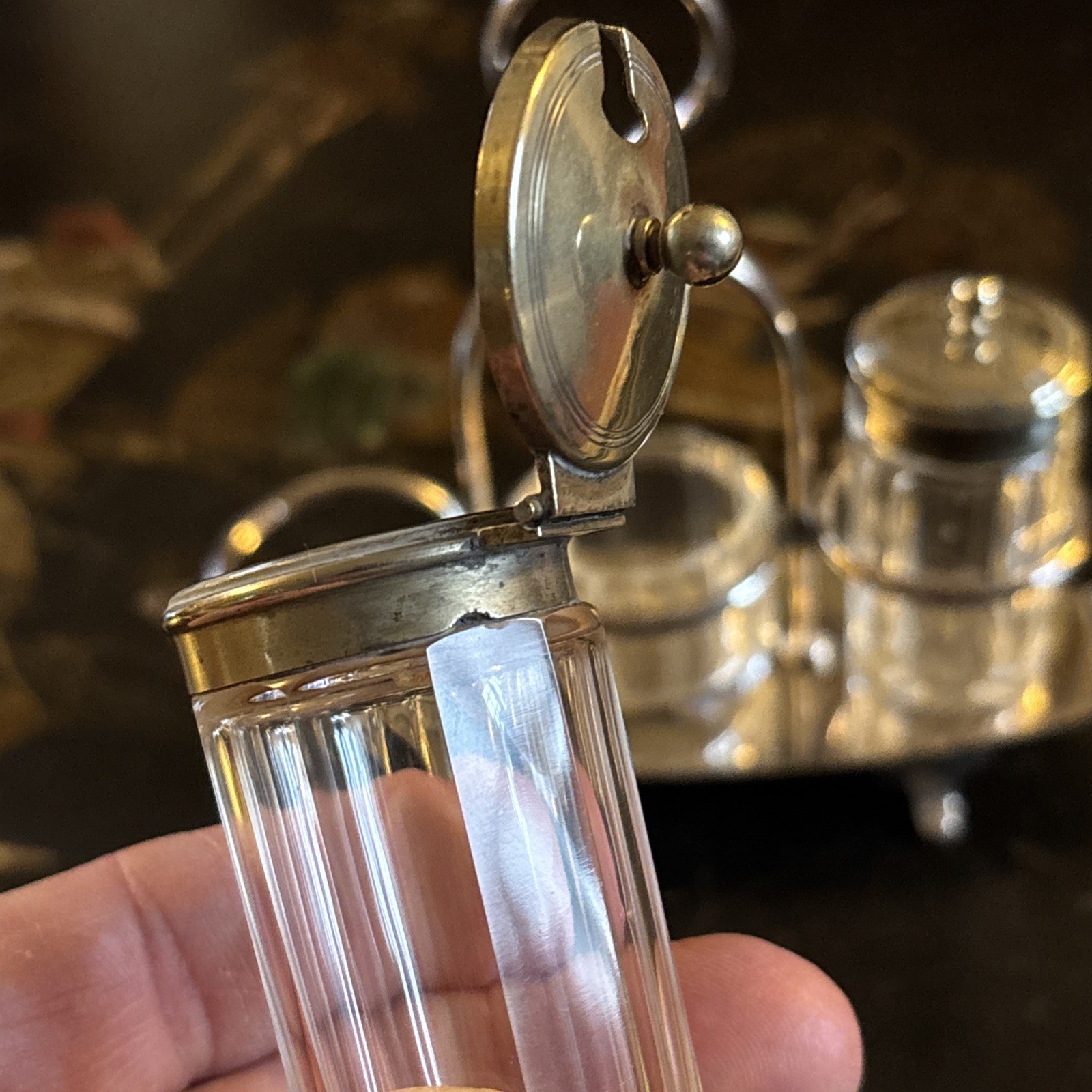 Antique Victorian Lee & Wigfull Silver Plate and Cut Glass Cruet Set