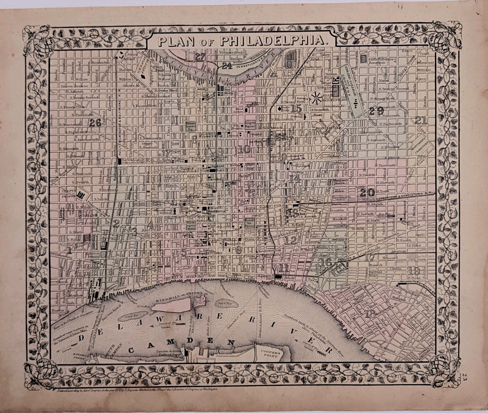 1873 PHILADELPHIA Pennsylvania Map ORIGINAL Wards Harbor Wharves 13×11