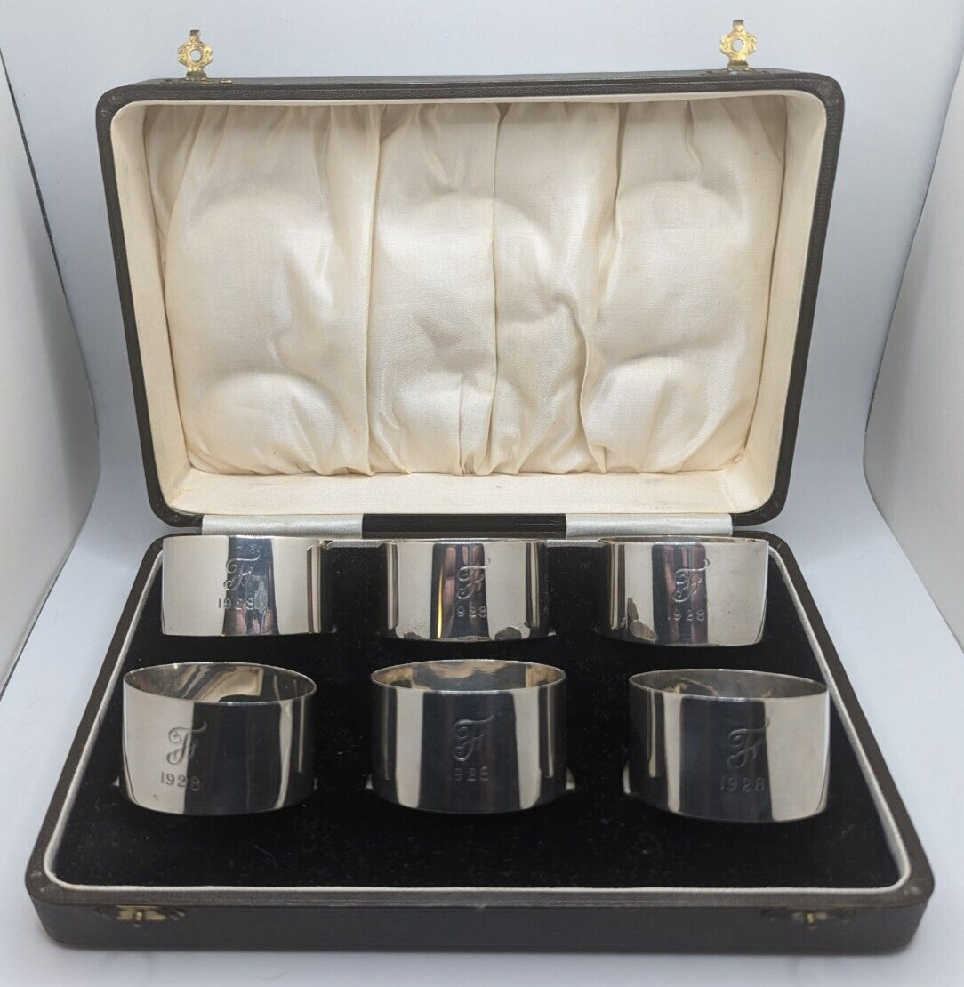 Set of 6 Cased Antique English Sterling Silver Napkin Rings “F” initial, d. 1928